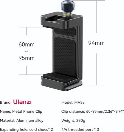 ULANZI MA33 Metal Phone Tripod Mount with Arca Port & 2 Cold Shoes, 360° Adjustable Smartphone Tripod Adapter Cell Phone Stand Holder Phone Clamp Suitable for iPhone 15 pro/14/13/12/Samsung