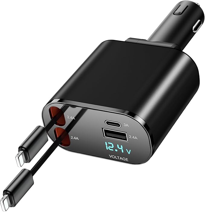Retractable Car Charger Compatible with iPhone 16, 4 in 1 Fast Charging 60W, Car iPhone Charger with Car Retractable Cable and 2 USB Ports for iPhone 15 14 13 12
