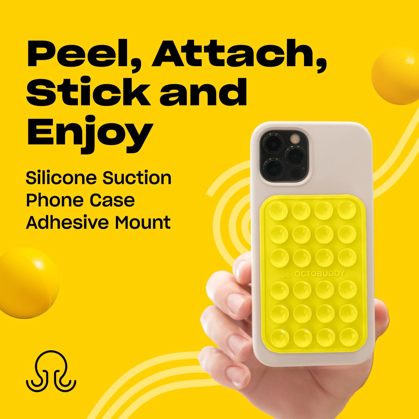 OCTOBUDDY Classic MAX - Silicone Suction Phone Case Adhesive Mount - Hands-Free, Strong Grip Holder for Selfies and Videos - iPhone and Android Compatible - 2.6″ x 3.9″, Canary Yellow
