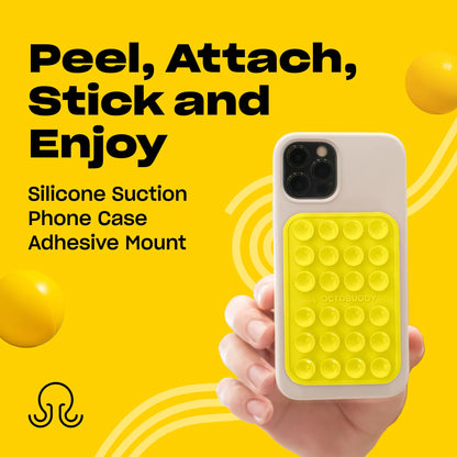 OCTOBUDDY Classic MAX - Silicone Suction Phone Case Adhesive Mount - Hands-Free, Strong Grip Holder for Selfies and Videos - iPhone and Android Compatible - 2.6″ x 3.9″, Canary Yellow