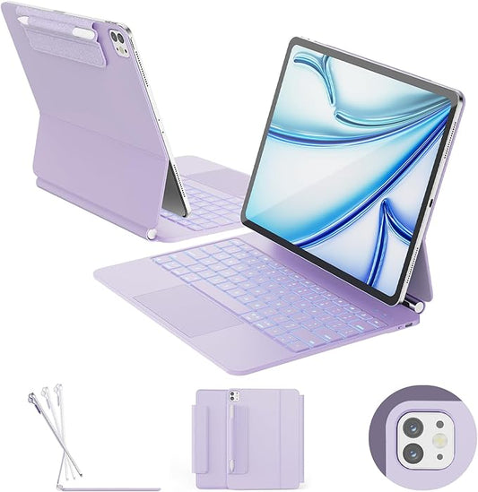 RAYMCRAFT for iPad Air 13-inch Case with Keyboard (M4/M3/M2, 2026/2025/2024) & iPad Pro 12.9 (6th/5th/4th/3rd) Magic Keyboard, 11-Color Backlight, Multi-Touch Trackpad with Safe Pencil Buckle, Purple