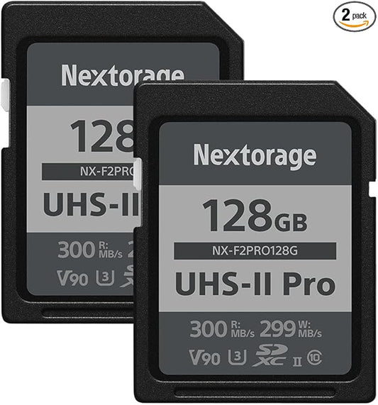 Nextorage Japan 128GB 2Pack SDCard UHS-II Memory Card V90 Canon, Sony, Nikon, Fujifilm, Panasonic Camera 8K 4K High-Speed Continuous Shooting pSLC Max Read 300MB/s Max Write 299MB/s NX-F2PRO128G