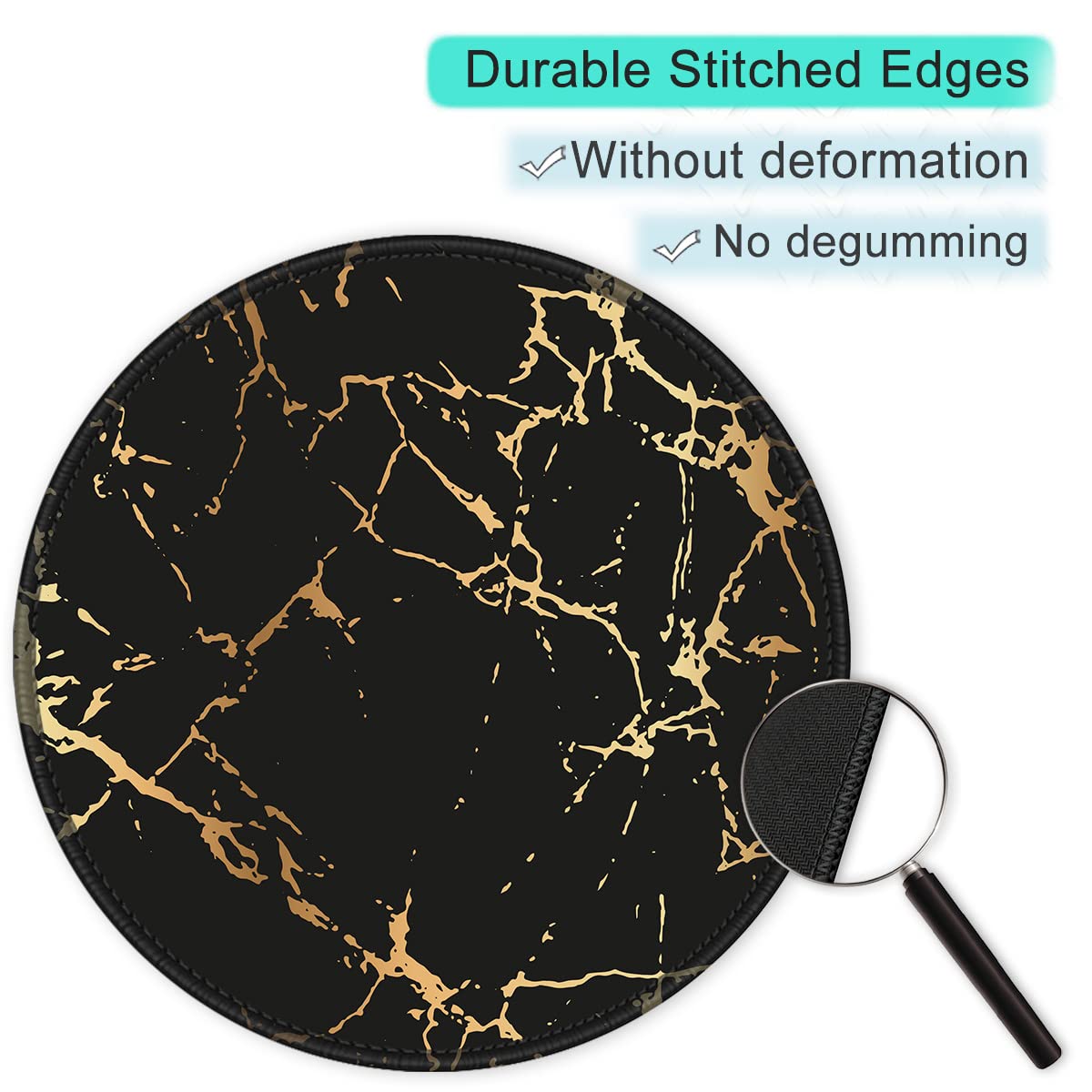 ITNRSIIET Round Mouse Pad with Stitched Edge Premium-Textured Waterproof Non-Slip Rubber Base Desktop Protection Mat Diameter 8.7 inches, Gold Texture Black Marble
