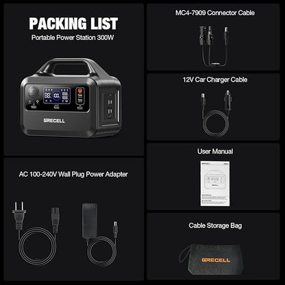 GRECELL Portable Power Station 300W, 230Wh LiFePO4 (LFP) Battery, 1.5hrs Fast Charging, 2 Up to 300W(Peak 600W) AC Outlets, Solar Generator for Outdoor Camping/RVs/Home Use