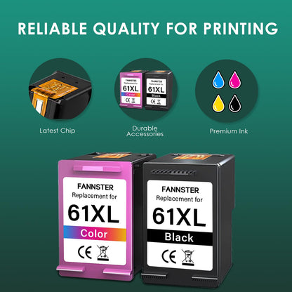 fannster Ink 61XL Compatible for HP 61 Ink Cartridge Combo Pack Work with HP Envy 4500 4502 5530 Deskjet 2540 3510 OfficeJet 4630 Printer (1 Black, 1 Tri-Color, 2-Pack)