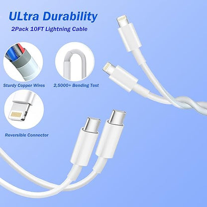 iPhone Fast Charger, [Apple MFi Certified] 2 Pack PD USB C Wall Charger Block Plug with 10FT Extra Long Type C to Lightning Fast Charging Data Sync Cable for iPhone 14 13 12 11 XR X 8 iPad and More