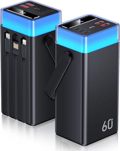 Power Bank 60000mAh 22.5W Fast-Charging Portable Charger with Built-in Cables Portable High Capacity Portable Phone Charger Power Bank for iPhone, Samsung, Galaxy, Travel Camping Outdoor