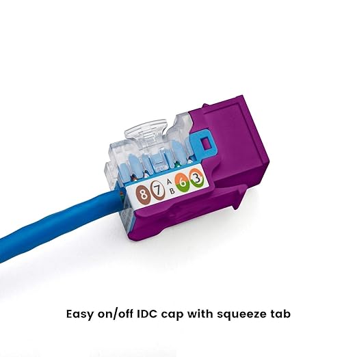 trueCABLE Cat5e Keystone Jack, Unshielded (UTP), 90 Degree Punch-Down, PoE++ (4PPoE) 100W, UL Listed, ETL Verified, ANSI/TIA Certified, Modular RJ45 Female, Purple, 48 Pack