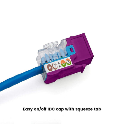 TRUE CABLE Cat5e Keystone Jack, Unshielded (UTP), 90 Degree Punch-Down, PoE++ (4PPoE) 100W, UL Listed, ETL Verified, ANSI/TIA Certified, Modular RJ45 Female, Purple, 48 Pack