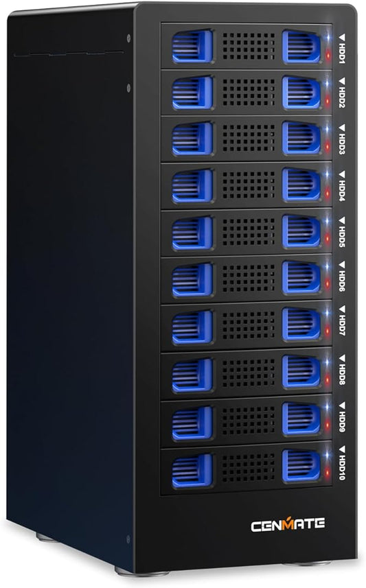 10 Bay Hard Drive Enclosure with Cooling Fan for 2.5/3.5" SATA HDD/SSD with USB A/C 3.0 Cable, 3.5 Hard Drive Enclosure Supports 200TB Capacity, Tool-Free HDD Enclosure, DAS(NO RAID/NAS)