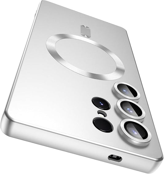 Magnetic for Samsung Galaxy S25 Ultra Case [Compatible with MagSafe][Built-in Camera Lens Protector] Slim Soft Silicone Bumper Shockproof Metallic Luster Phone Shell (Silver)