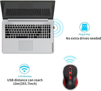 Wireless Mouse for Laptop, PC, Chromebook, Mac, MacBook, Silent Mouse with USB Nano Receiver, Side Button, 2400 DPI, Anti Slip Roller, 6 Button Ergonomics Cordless Computer Mice - Black Red