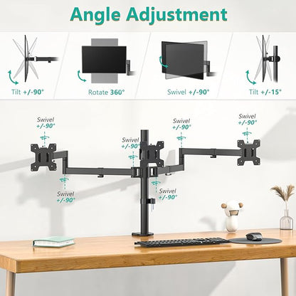 WALI Triple Monitor Mount, 3 Monitor Desk Mount for 13-27 inch Computer Screens, Holds up to 22 lbs, Triple Monitors Stand for Desk, with Tilt, Swivel, Rotation, VESA 75/100mm (M003S), Black
