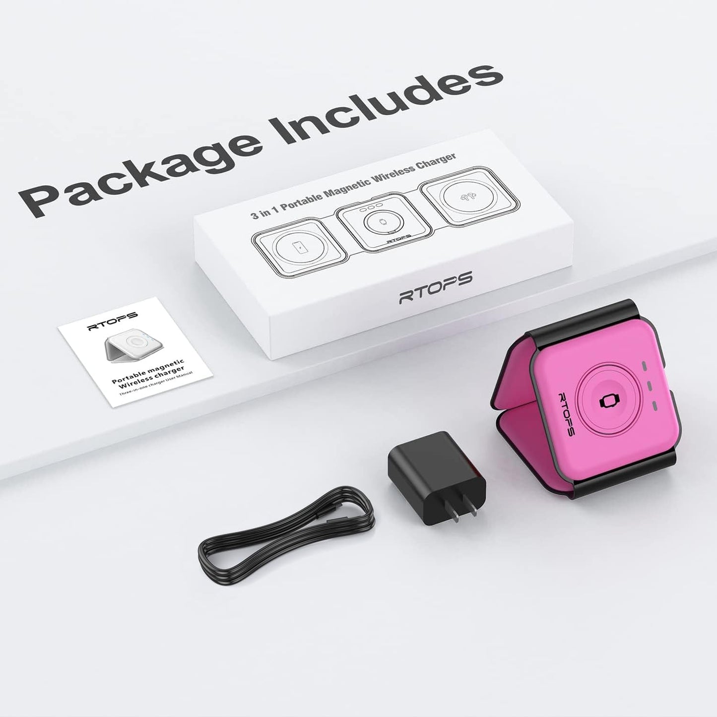 Wireless Charger 3 in 1,RTOPS Magnetic Traval Wireless Charging Station Multiple Devices,GaN 3 in 1 Charging Station,Compatible iphone17/16/15/14/13/Pro/Max,iWatch,AirPods4/3/2/Pro(Adapter Includes)