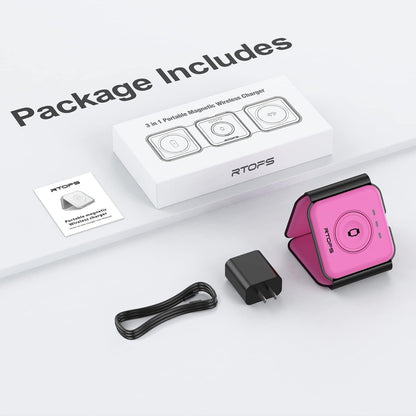 Wireless Charger 3 in 1,RTOPS Magnetic Traval Wireless Charging Station Multiple Devices,GaN 3 in 1 Charging Station,Compatible iphone17/16/15/14/13/Pro/Max,iWatch,AirPods4/3/2/Pro(Adapter Includes)