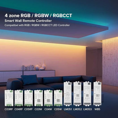 BTF-LIGHTING WR01RF Wireless 2.4G RF 4 Zones RGB RGBW RGBCCT Wall Mounted Smart Panel Remote Powered by 2XAAA Batteries 3V Work with DR03W DR04W WB5 LM052 C03RF C04RF C05RF C03W C04W C05W Controller