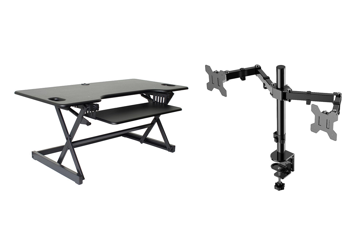 Rocelco 32" Height Adjustable Standing Desk Converter - Sit Stand Computer Workstation Riser - Dual Monitor Retractable Keyboard Tray Gas Spring Assist - Black (R EADRB2)