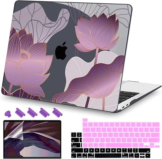 Teryeefi for 2020 2022 2016-2019 MacBook Pro 13 inch Case A2338 A2289 A2251 A2159 A1989 A1706 with M2 M1 & Touch Bar, PC Hard Shell Case & Keyboard Cover & Screen Protector, Luxurious Purple Lotus