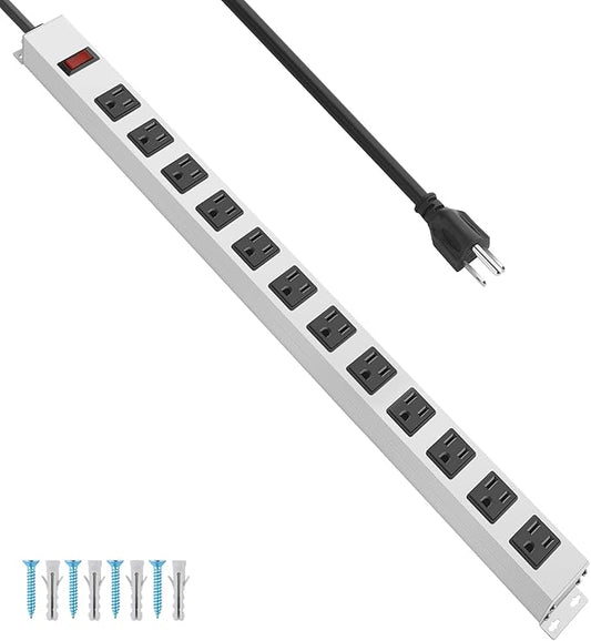 JUNNUJ Metal Long 12 Outlet Power Strip Surge Protector, White, 6 FT, 1