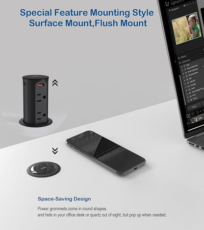 Pop up Outlet for Countertop,2.5 Inch Hole Desktop Power Grommet,Recessed Power Strip,20W USB C Fast Charging,4 Outlets 4 USB Ports,15Amp Tamper Resistant Receptacle for Home,Kitchen,Office Black