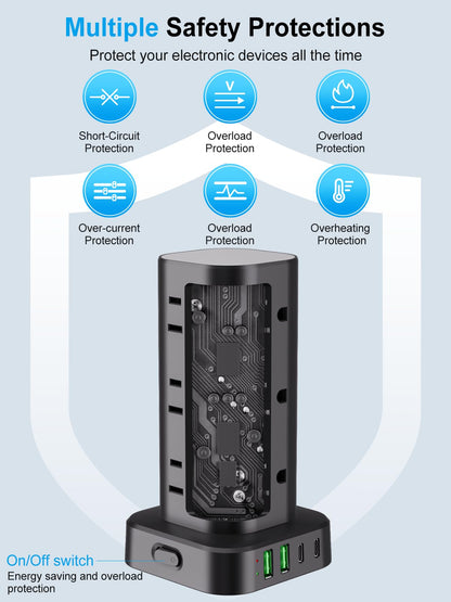 Power Strip Tower with Multiple Outlets, Flat Plug Surge Protector Tower Extension Cord with 12 AC Outlets 4 USB Ports (2 USB C), 6FT Cord Power Tower Surge Protector for Home Office Dorm Room, Black
