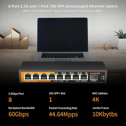 keepLiNK 8 Port 2.5G Switch Unmanaged, Ethernet Switch with 8 x 2.5G Base-T Ports, 1 x 10G Base-T SFP Slot, 60Gbps Switching Capacity, Plug & Play, Fanless Metal, Wall Mountable