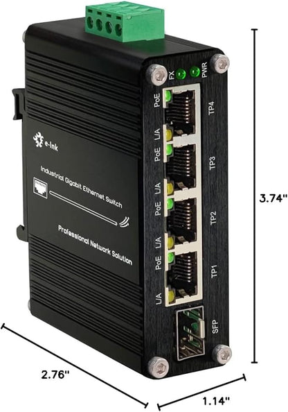 Industrial Gigabit 4 Ports PoE Ethernet Switch PoE+ Fiber Switch with 100/1000M Adaptive SFP Slot Din Rail Unmanaged 10/100/1000Mbps Network Switch IEEE802.3af/at 30W/Port Max 120W 12-48V DC