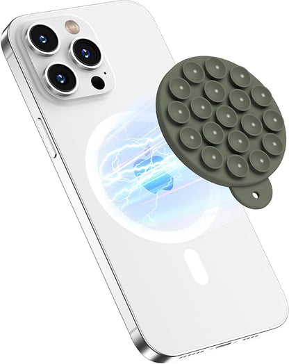 Magnetic Suction Cup Phone Mount for MagSafe Case, Silicone Hands-Free Phone Grip Holder for iPhone and Android, Mirror Shower Phone Stand for Makeup FaceTime Gym Kitchen Bathroom, Olive Green