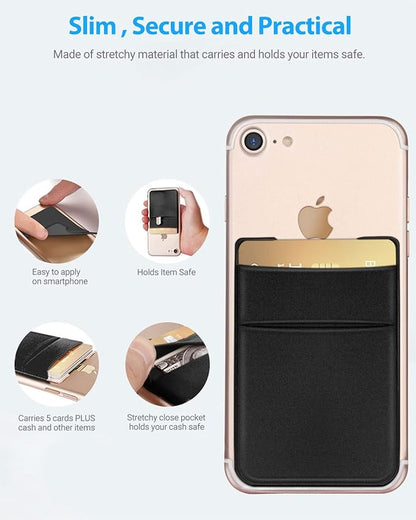 2 Pack Stick On Wallet Sleeve Cell Phone Pocket Card Holder Pocket Pouch for iPhone Android Smartphone (2 Pack BLACK)