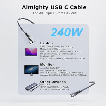 CABLEDECONN USB C 3.2 Gen-2 Extension Cord 2M 6.6FT 90 Degree Elbow Thunderbolt 3 240W Fast Charging Cable Male to Female Data Transfer 20Gbps 48V/5A 4K Video Cable Compatible with MacBook