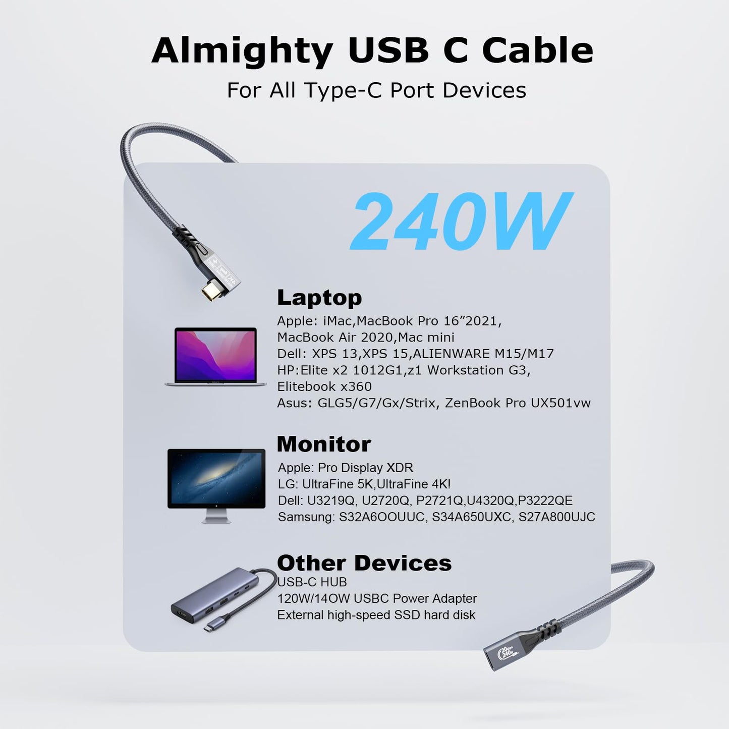 CABLEDECONN USB C 3.2 Gen-2 Extension 1M 3.3FT 90 Degree ElbowThunderbolt 3 240W Fast Charging Cable Male to Female Data Transfer 20Gbps 48V/5A 4K Video Cable Compatible with MacBook