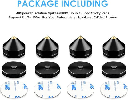 4Pcs Speaker Isolation Spikes Floor Protectors Shockproof Speaker Isolation Spikes with Base Pad for Speaker,Subwoofer,Amplifier,Turntable,Recorder CD DAC with 3m Adhesive (Black)
