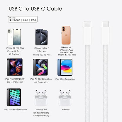 Short iPhone 17/16/16e/15 USB C to USB C Woven Cable for iPhone 17Air, 17 16 15 Pro Max, Plus, 60W Charging Cord for AirPods 4/Pro (2nd/3rd Gen), iPad 10th Gen/iPad Pro/Air 5 4th Charger Cable (1.5ft)