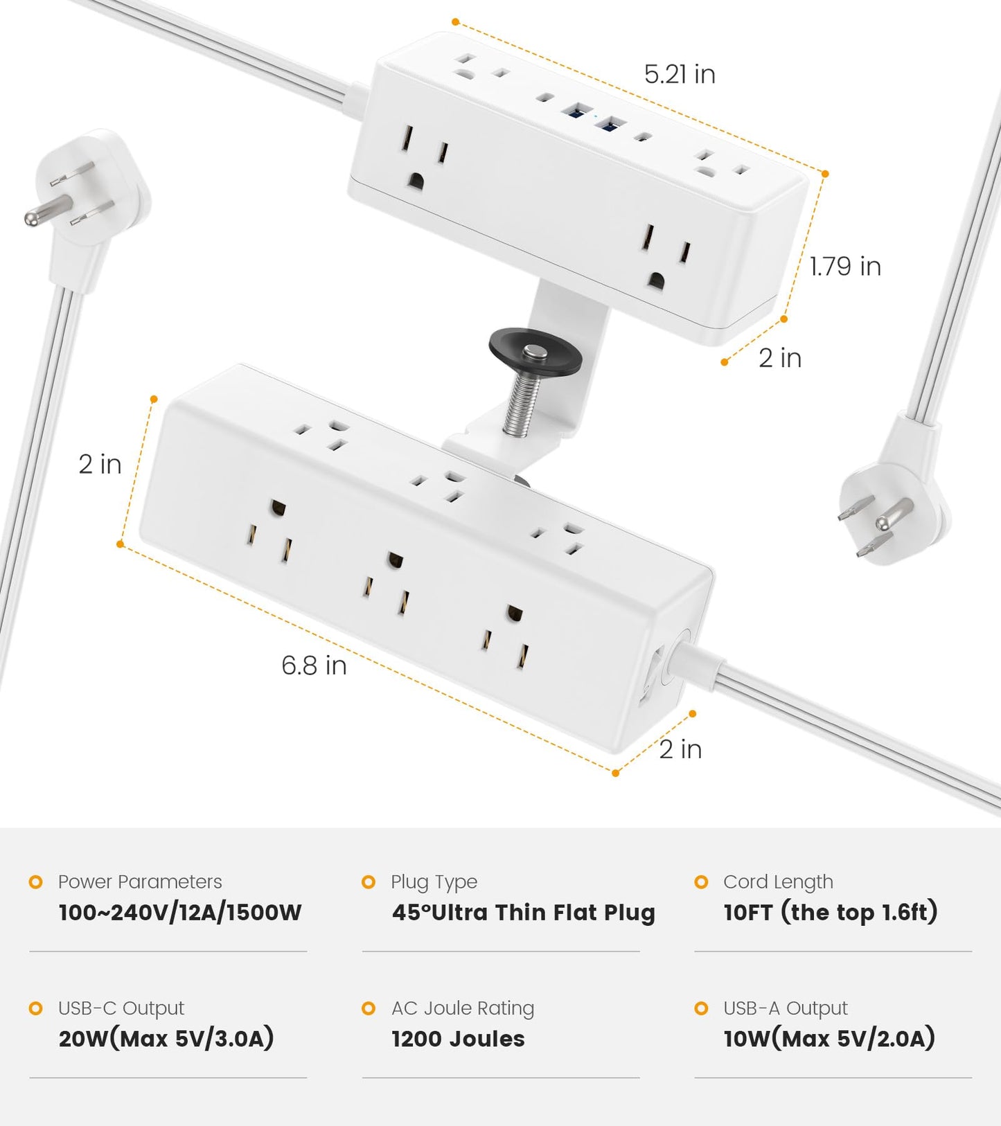 VILONG Dual Layer Desk Clamp Power Strip, 13 Outlets, 20W USB-C, 10FT Cord