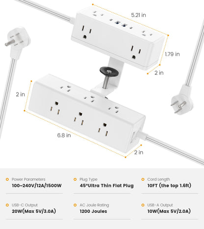 VILONG Dual Layer Desk Clamp Power Strip, 13 Outlets, 20W USB-C, 10FT Cord