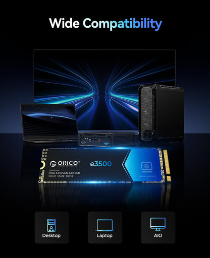 ORICO 512GB M.2 NVMe SSD, PCIe Gen3x4 M2 2280 SSD, Up to 2800MB/s Read & 1300MB/s Write, 3D NAND Flash Internal Solid State Drive with SLC Cache, Compatible with Laptops PC Desktops-e3500