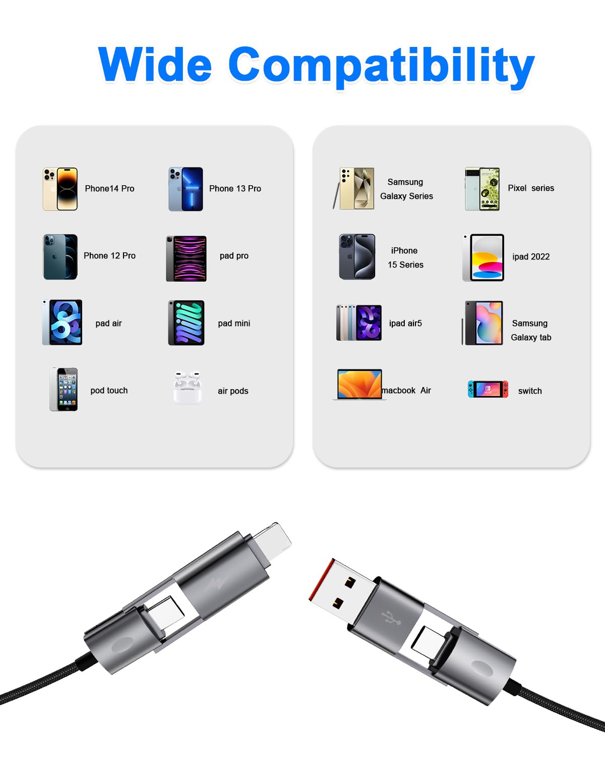 2Pack 4 in 1 USB C Cable Fast Charging PD 65W 27W Multi Charger Cord with Type C/USB A/L Port, 3FT Round Braided Dual USB-C Cable for iPhone 16 15 14 Pro Max/Samsung/i-Pad/MacBook