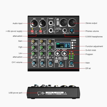 mw-4 black 4Channel Audio Mixer with 99 Sound Effects for PC,Portable Sound Mixing Console with BT USB Recording Input for Live Streaming,Podcasting