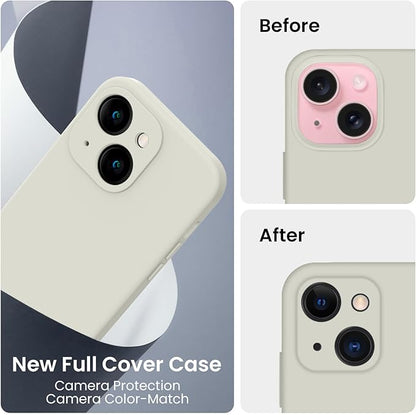 FireNova Designed for iPhone 15 Case, Silicone Upgraded [Camera Protection] Phone Case with [2 Screen Protectors], Soft Anti-Scratch Microfiber Lining Inside, 6.1 inch, Stone