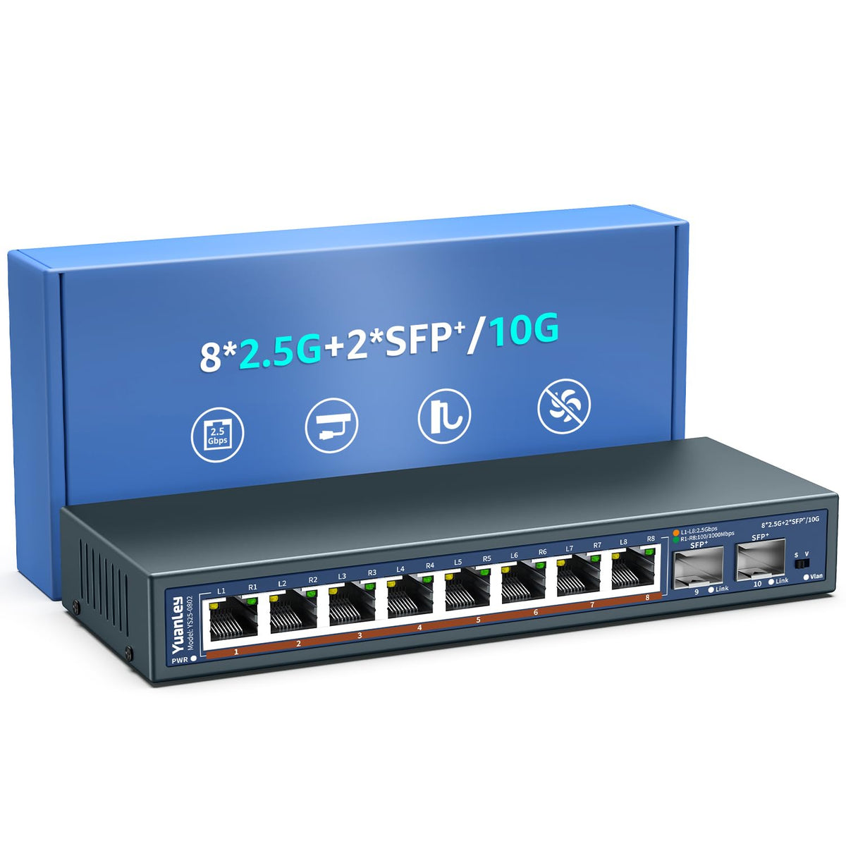 YuanLey 8-Port 10G Ethernet Switch, 8 x 10Gbps RJ45 Ports, Support 10G/5G/2.5G/1G/100Mbps Speed Auto-Negotiation, 160Gbps Switching Capacity, Unmanaged Switch Rackmountable, Plug and Play