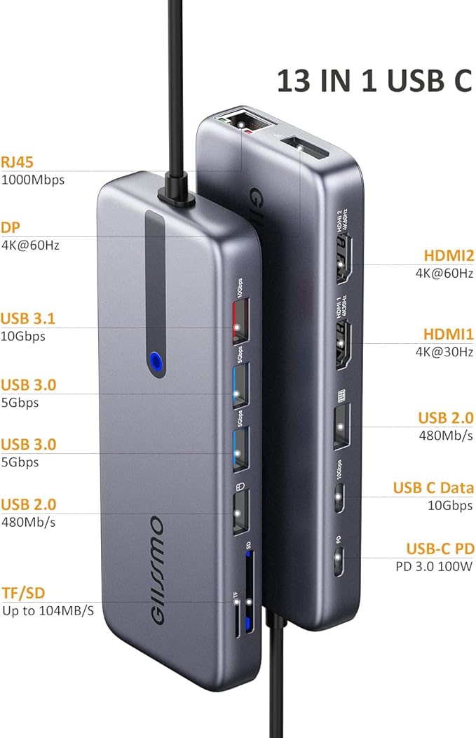 USB C Laptop Docking Station, 13 in 1 Docking Station Dual/Triple Monitor Hub Multiport Adapter with 2 HDMI, DP, RJ45, 10Gbps USB C/A 3.1, 100W PD, USB 3.0/2.0,SD/TF for MacBook Dell HP Lenovo