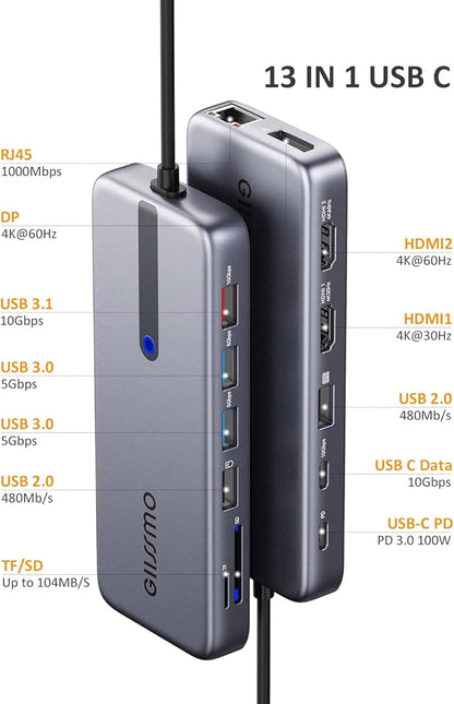 USB C Laptop Docking Station, 13 in 1 Docking Station Dual/Triple Monitor Hub Multiport Adapter with 2 HDMI, DP, RJ45, 10Gbps USB C/A 3.1, 100W PD, USB 3.0/2.0,SD/TF for MacBook Dell HP Lenovo