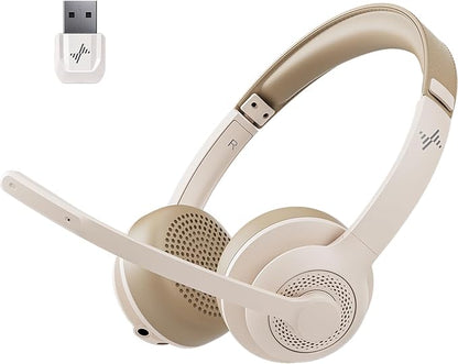 JIAMQISHI Wireless Headset with AI Noise Cancelling Microphone Bluetooth Headset - Bluetooth V5.2 Headphones with USB Dongle & Mic Mute for Computer/Laptop/PC/iPhone/Android/Cell Phones (White)