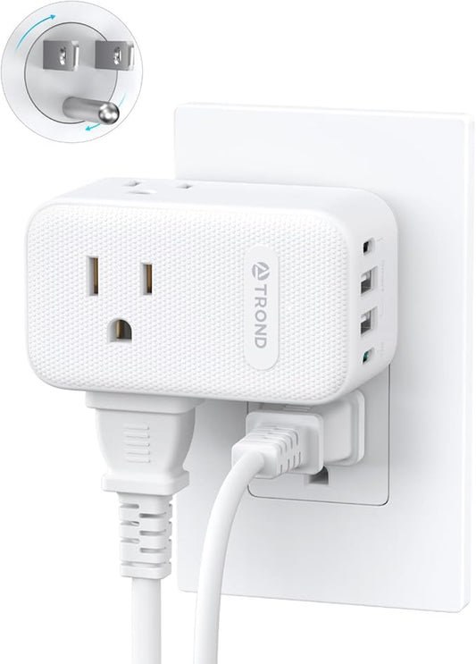 TROND Outlet Extender with 2 PD 20W USB C Charger, 3 AC Multi Plug Outlet Splitter with 360 Rotating Plug, USB Wall Socket Adapter, A Small Charging Station for Kitchen Bathroom Cruise Essentials