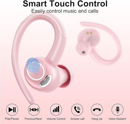 Wireless Earbuds Bluetooth 5.3 Headphones Sports, 48Hrs Playtime Bluetooth Earbuds with CVC 8.0 Mic, 2025 Stereo Bass Over Ear Bud with Earhooks, LED Display, IP7 Waterproof Earphon for Running Rose