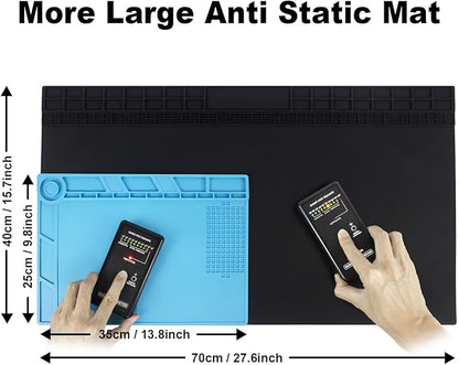 Anti Static Soldering Mat, Extra Large 27.6" x 15.7" Heat Resistant 932°F Large Silicone ESD Safe Work Mat with Grounding Accessories and Anti Static Wrist Strap (Black)