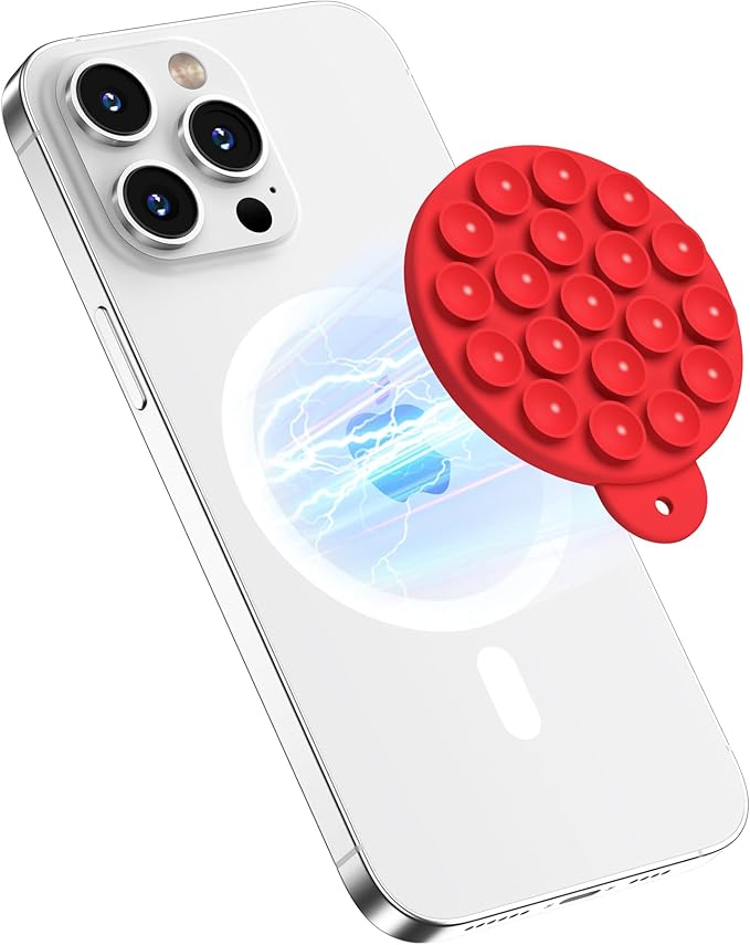 HSAOHD Magnetic Suction Cup Phone Mount, Compatible with MagSafe, Silicone Octo Cup Buddy Sticky Grip Holder for iPhone and Android, Removable Hands-Free Phone Stand Selfie/Video for TikTok, Red