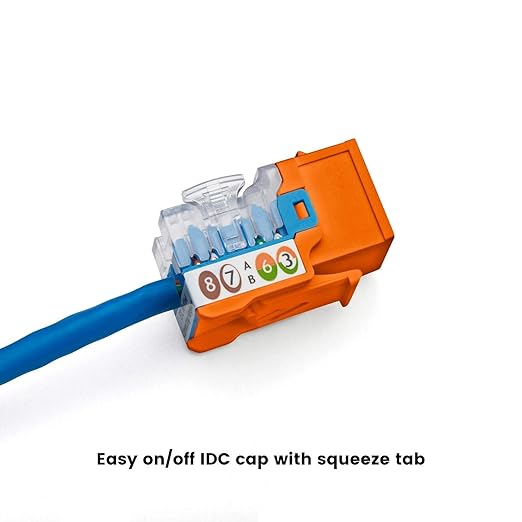 trueCABLE Cat5e Keystone Jack, Unshielded (UTP), 90 Degree Punch-Down, PoE++ (4PPoE) 100W, UL Listed, ETL Verified, ANSI/TIA Certified, Modular RJ45 Female, Orange, 48 Pack