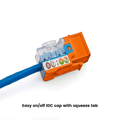 TRUE CABLE Cat5e Keystone Jack, Unshielded (UTP), 90 Degree Punch-Down, PoE++ (4PPoE) 100W, UL Listed, ETL Verified, ANSI/TIA Certified, Modular RJ45 Female, Orange, 24 Pack