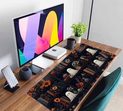 Cute Ghost Desk Mat Dark Vintage Large Mouse Pad Gaming Black Mouse Pad XXL Large Gaming Mousepad Desk Mat for Desktop Office Computer Laptop Keyboard and Mouse Mat - 31.5 X 15.7 in Desktop Protector